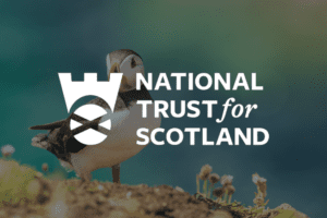 Puffin with white National Trust for Scotland logo overlayed